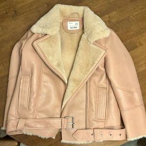 Zara, Girls size 10, Pink leather Jacket with Faux fur lining and waist belt